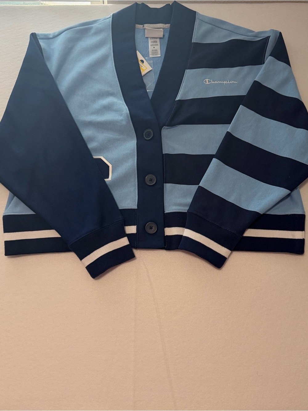 Champion Women's Sky Blue and Navy Striped Cardigan